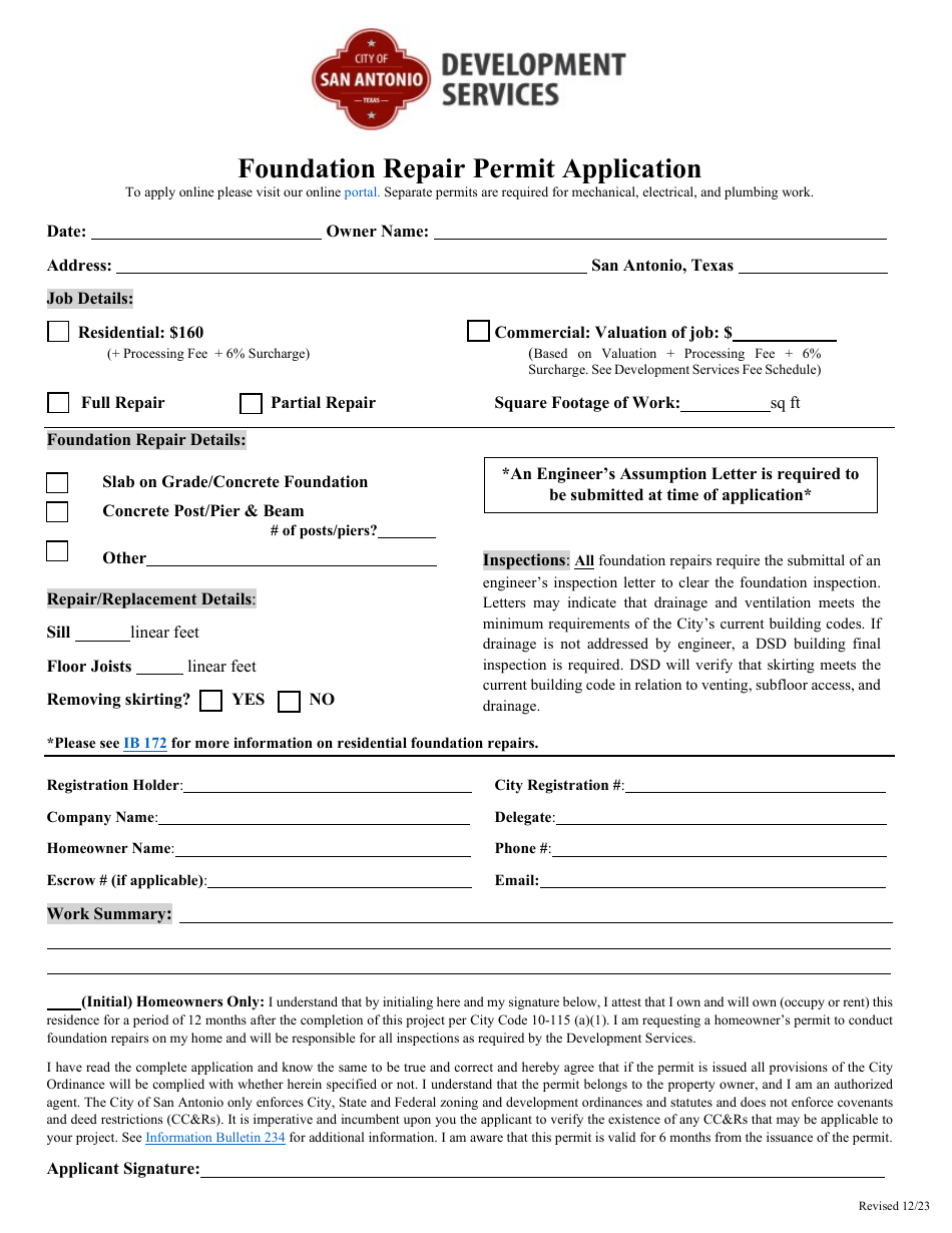 Foundation Repair Permit Application - City of San Antonio, Texas, Page 1