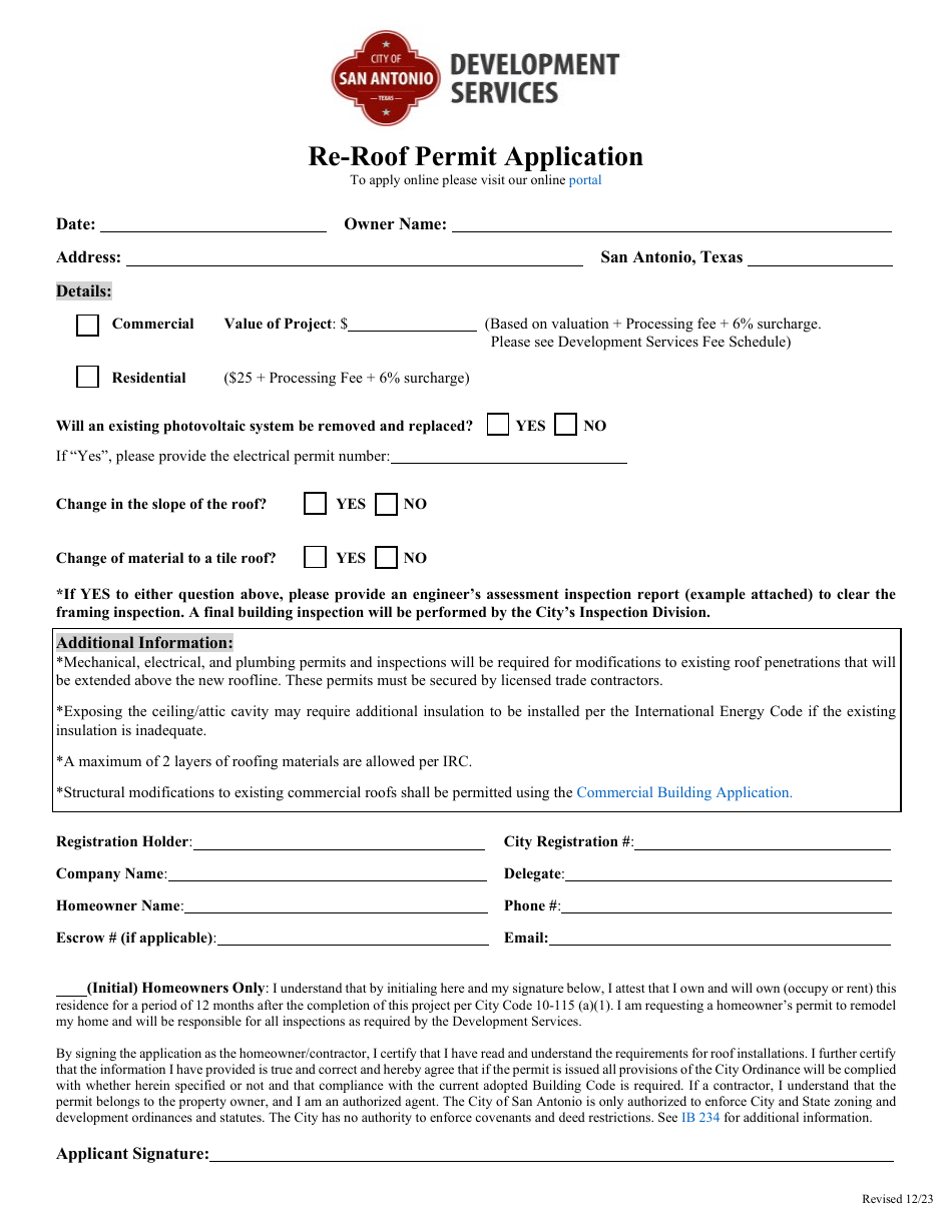 Re-roof Permit Application - City of San Antonio, Texas, Page 1