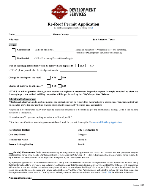 Re-roof Permit Application - City of San Antonio, Texas