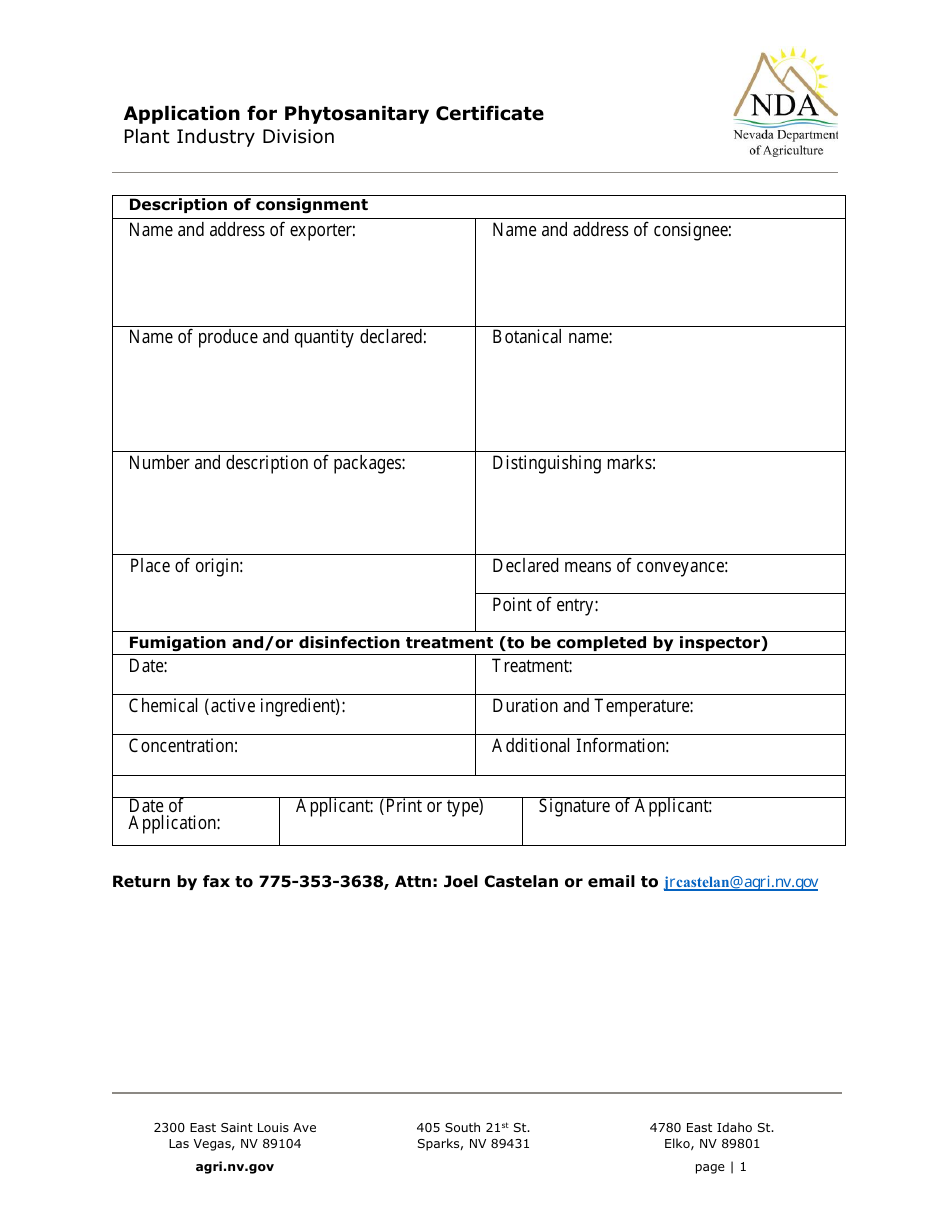 Application for Phytosanitary Certificate - Nevada, Page 1