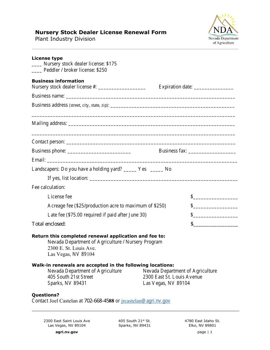 Nevada Nursery Stock Dealer License Renewal Form Fill Out, Sign