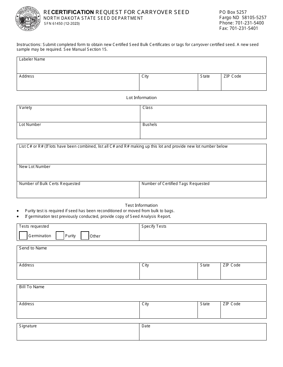 Form SFN61450 Certification Request for Carryover Seed - North Dakota, Page 1