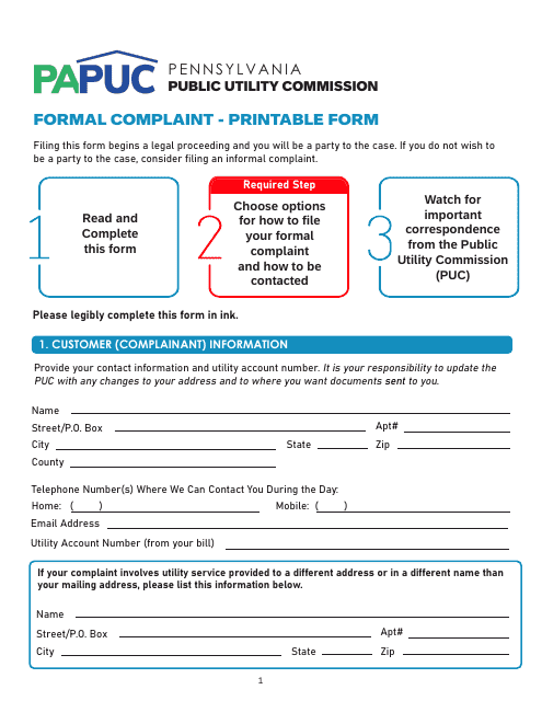 Formal Complaint - Printable Form - Pennsylvania Download Pdf