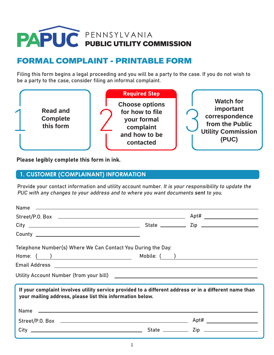 Formal Complaint - Printable Form - Pennsylvania, Page 1