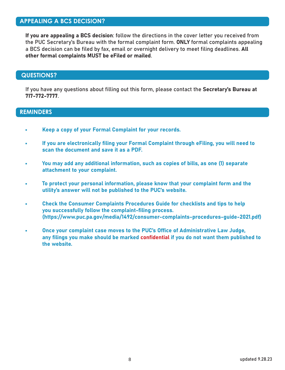 Formal Complaint - Printable Form - Pennsylvania, Page 8