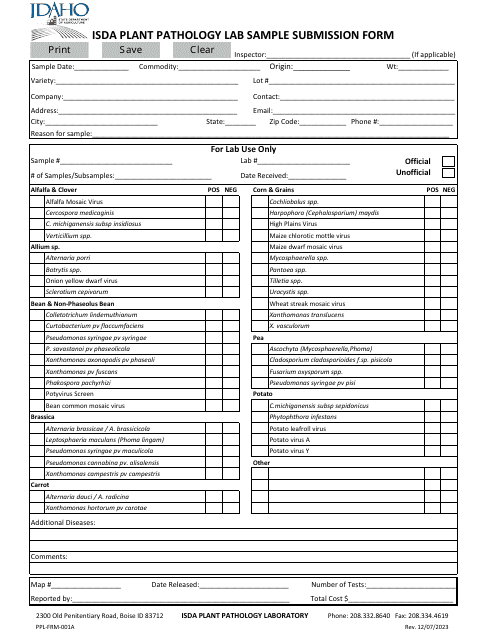 Form PPL-FRM-001A Isda Plant Pathology Lab Sample Submission Form - Idaho