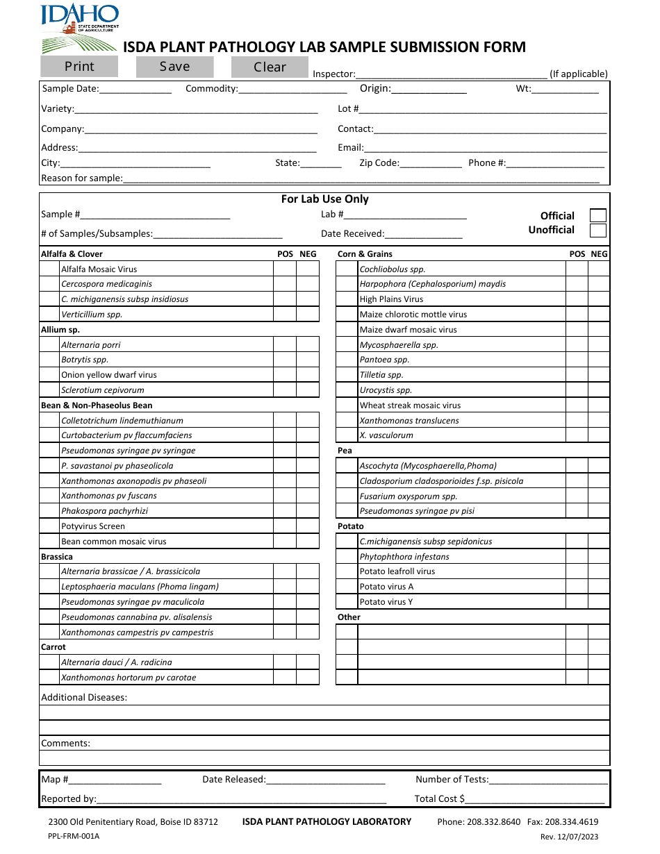 Form PPL-FRM-001A Isda Plant Pathology Lab Sample Submission Form - Idaho, Page 1