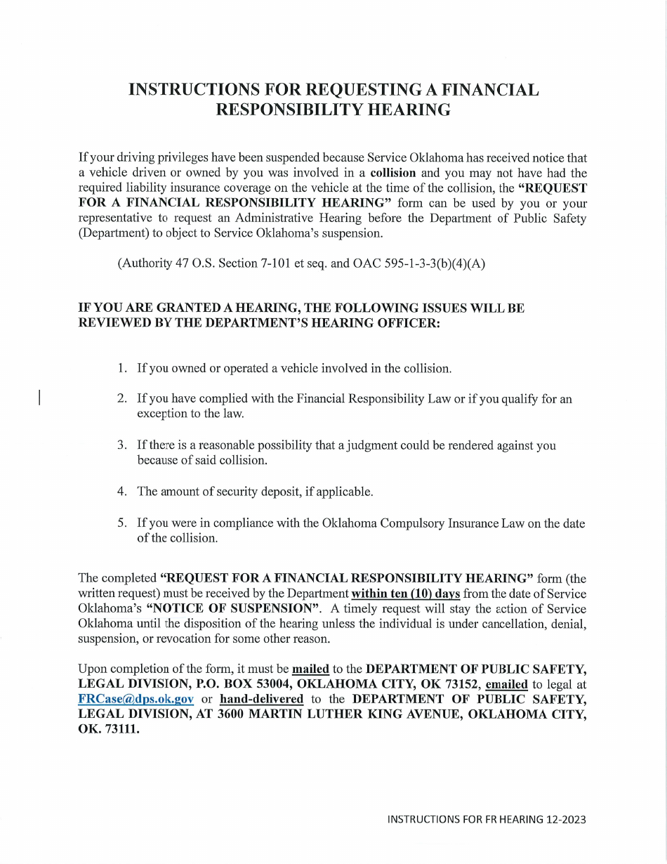 Request for a Financial Responsibility Hearing Form - Oklahoma, Page 1