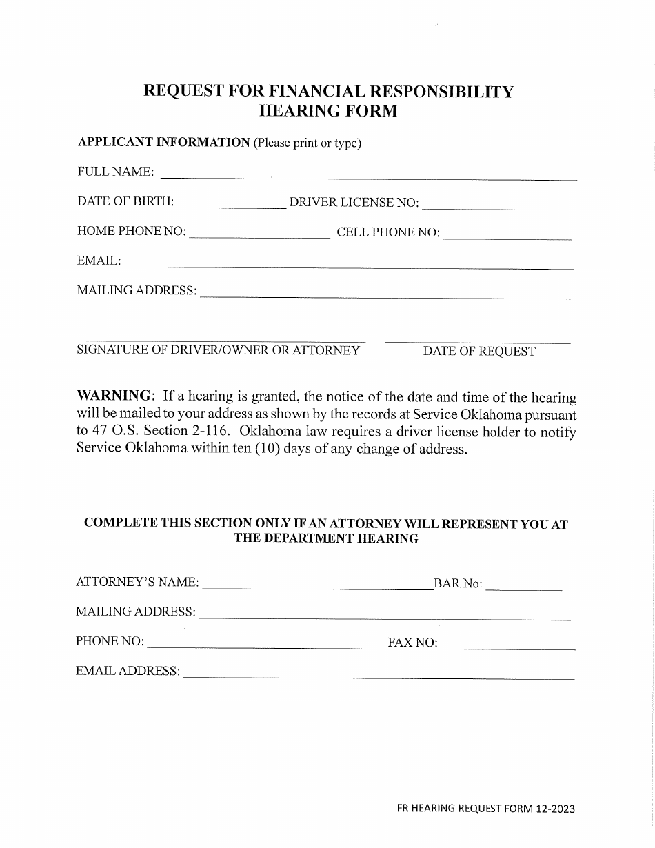 Request for a Financial Responsibility Hearing Form - Oklahoma, Page 2