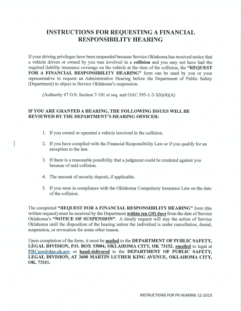 Request for a Financial Responsibility Hearing Form - Oklahoma Download Pdf