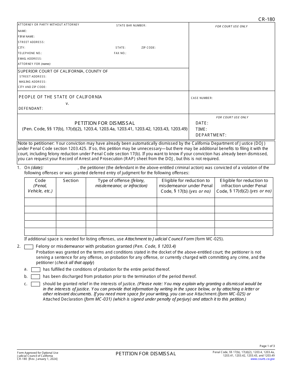 Form CR-180 Petition for Dismissal - California, Page 1