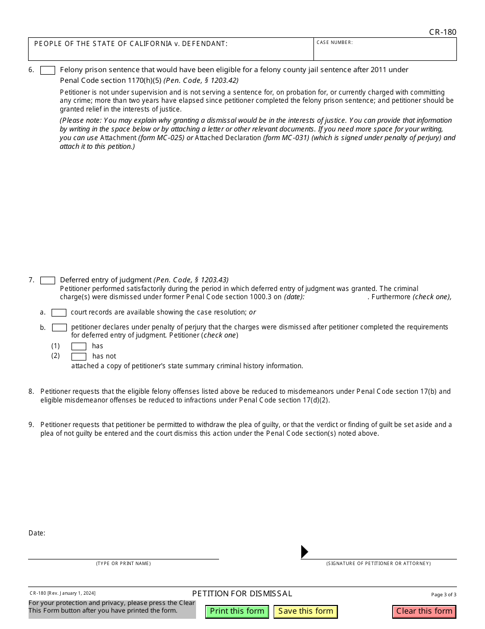 Form CR-180 Petition for Dismissal - California, Page 3