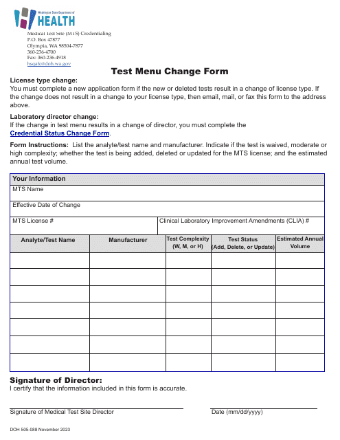 Form DOH505-088 Test Menu Change Form - Washington