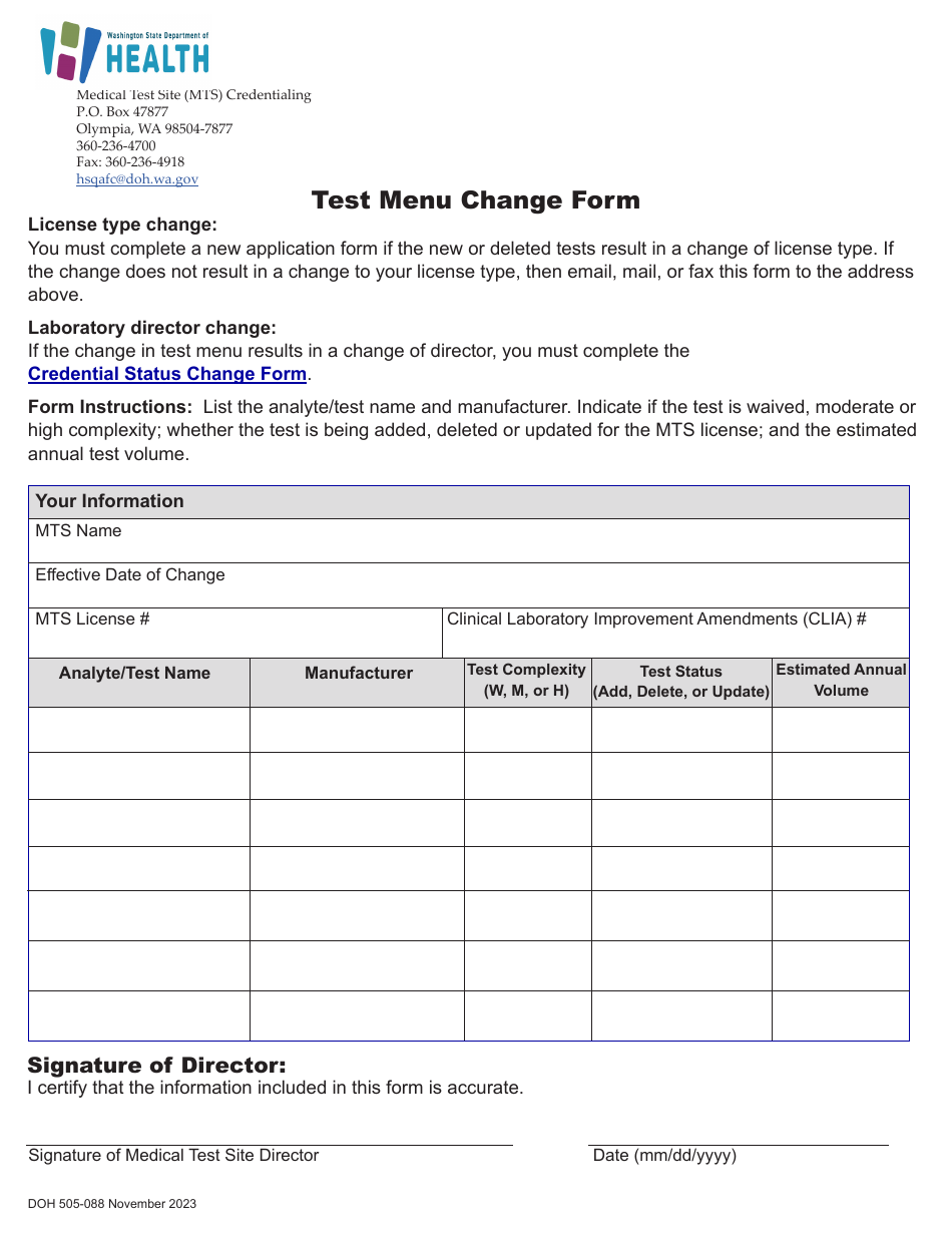 Form DOH505-088 Test Menu Change Form - Washington, Page 1