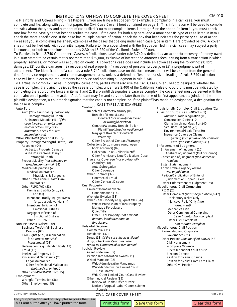 Form CM-010 Civil Case Cover Sheet - California, Page 2