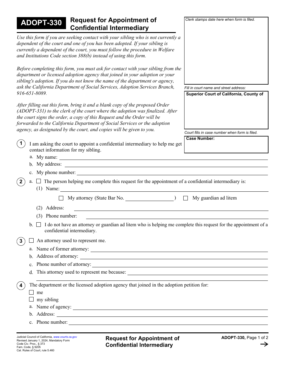 Form ADOPT-330 Request for Appointment of Confidential Intermediary - California, Page 1