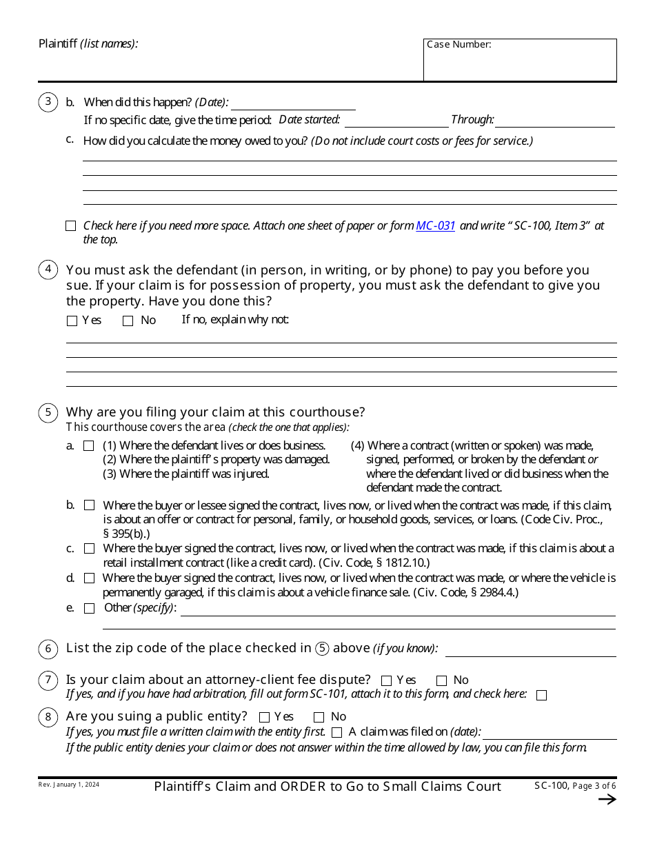 Form SC-100 Plaintiffs Claim and Order to Go to Small Claims Court - California (English / Spanish), Page 3