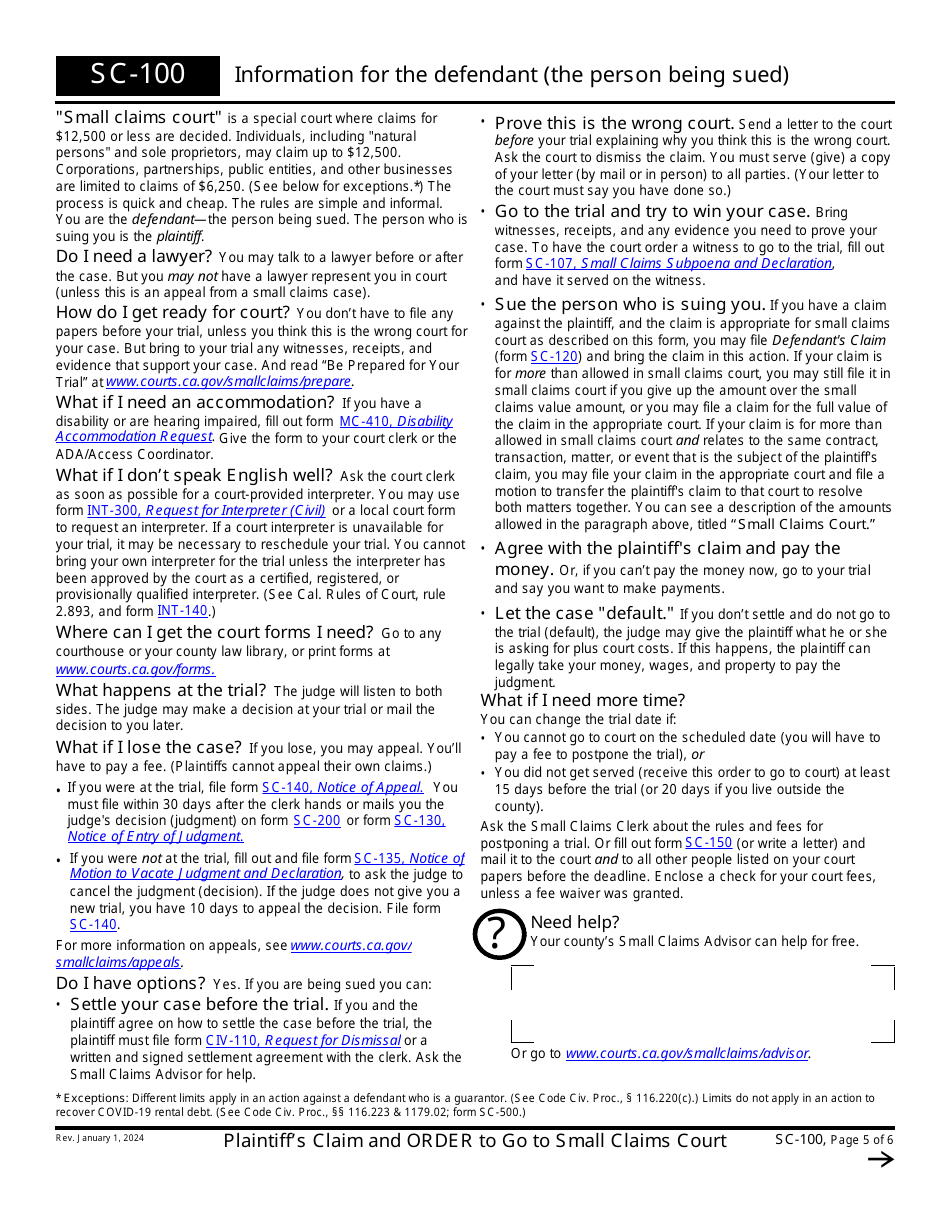 Form SC-100 Plaintiffs Claim and Order to Go to Small Claims Court - California (English / Spanish), Page 5