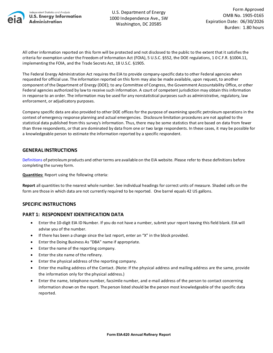 Instructions for Form EIA-820 Annual Refinery Report, Page 3