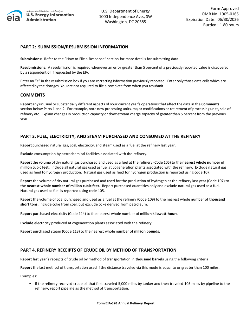 Instructions for Form EIA-820 Annual Refinery Report, Page 4