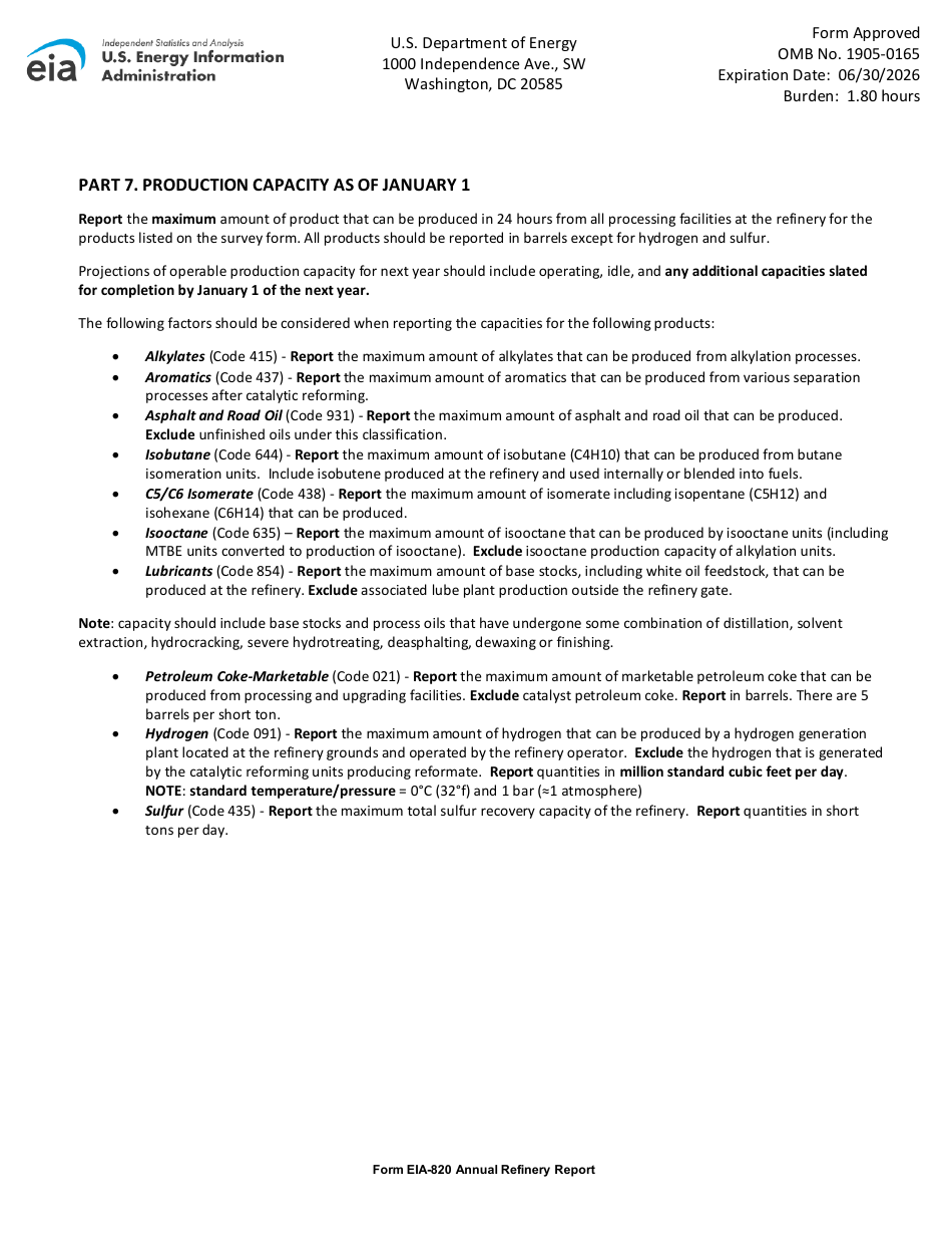 Instructions for Form EIA-820 Annual Refinery Report, Page 7