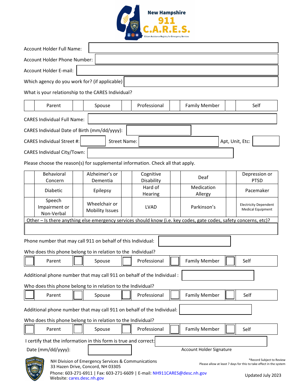 Cares Registration Form - New Hampshire, Page 1