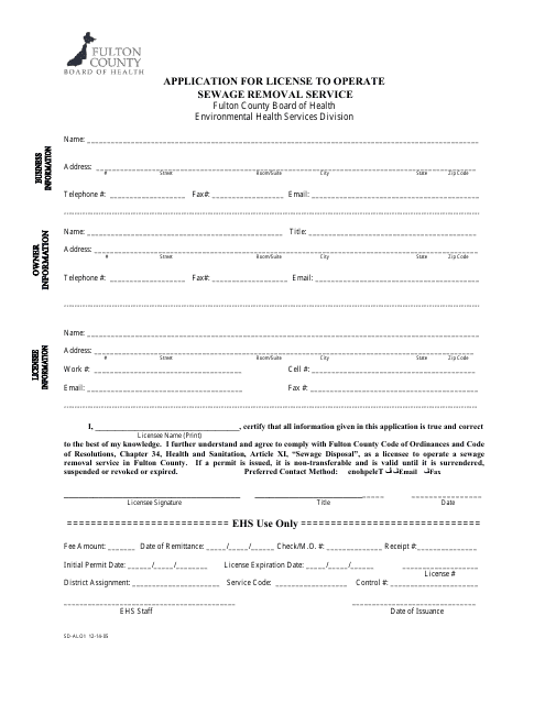Form SD-ALO1 Application for License to Operate Sewage Removal Service - Fulton County, Georgia (United States)