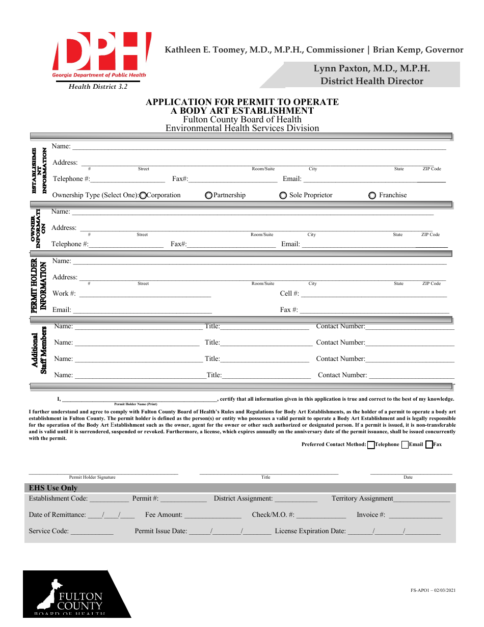Form FS-APO1 Application for Permit to Operate a Body Art Establishment - Fulton County, Georgia (United States), Page 1