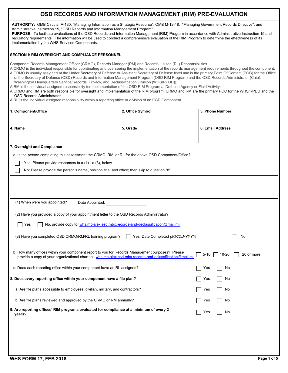 WHS Form 17 Osd Records and Information Management (Rim) Pre-evaluation, Page 1