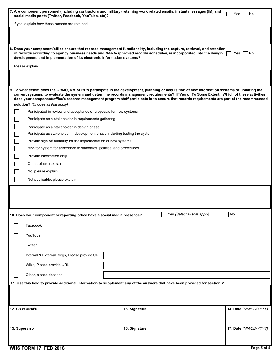 WHS Form 17 Osd Records and Information Management (Rim) Pre-evaluation, Page 5