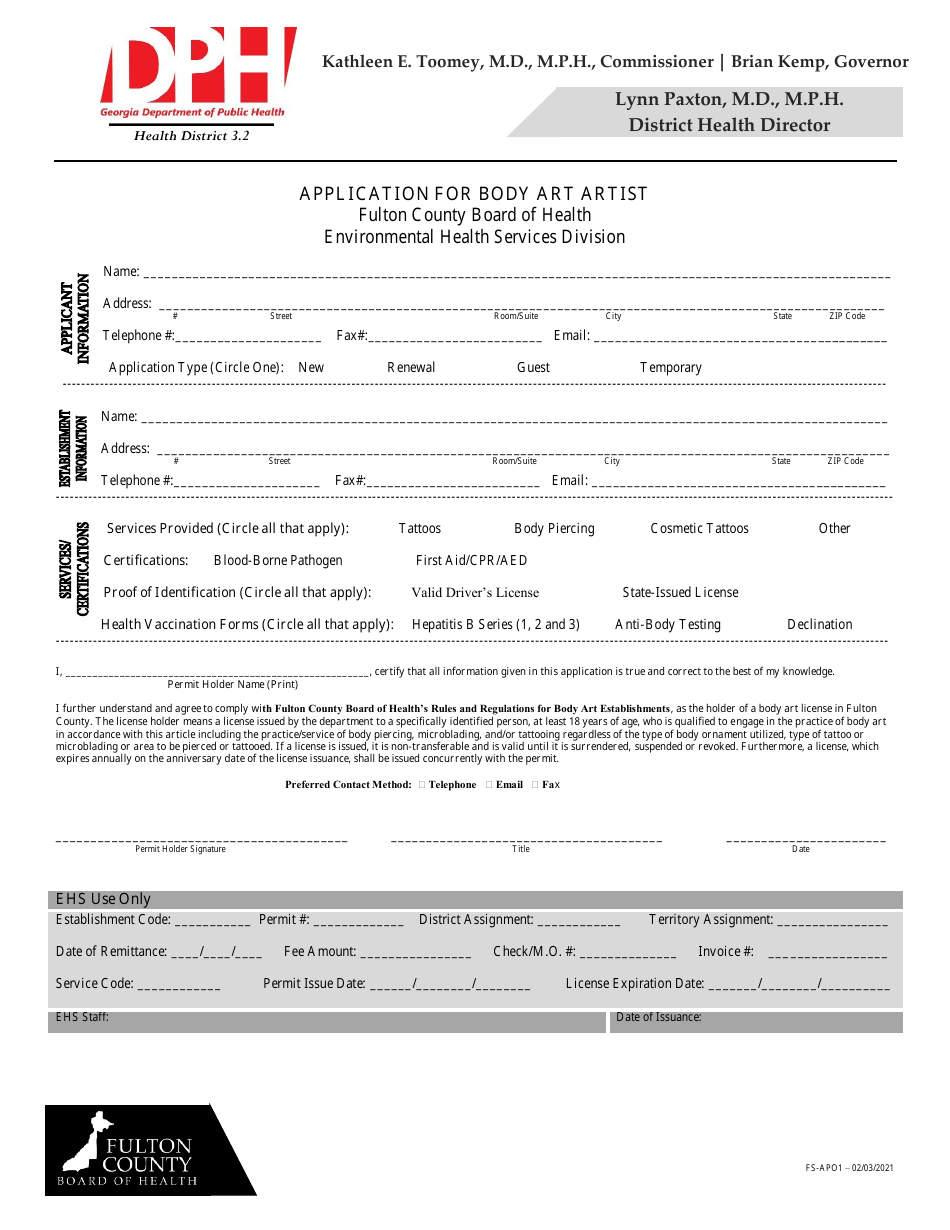 Form FS-APO1 Application for Body Art Artist - Fulton County, Georgia (United States), Page 1