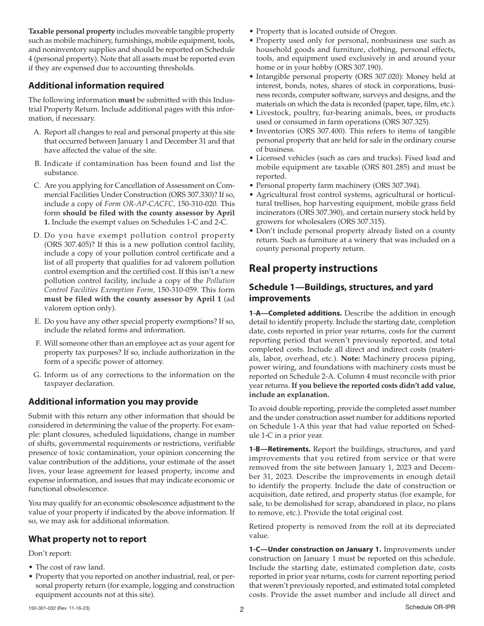 Form 150-301-032 Schedule OR-IPR Industrial Real Property Schedules - Oregon, Page 3