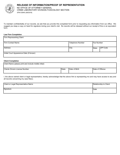 Form SFN53546 Release of Information/Proof of Representation - North Dakota