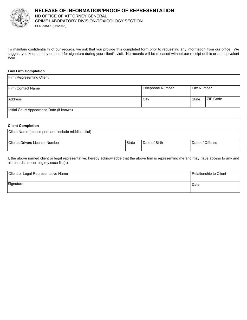 Form SFN53546 Release of Information / Proof of Representation - North Dakota, Page 1