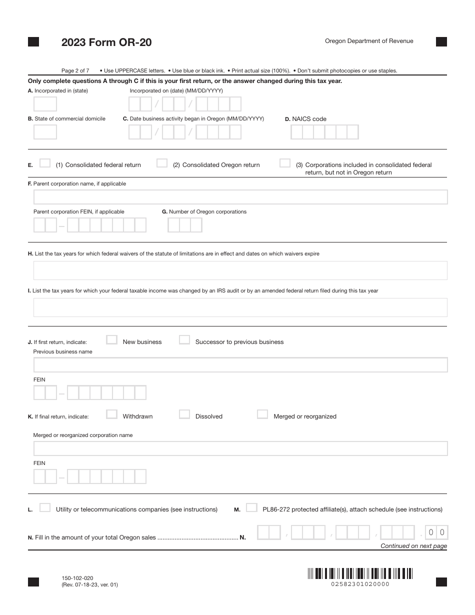 Form OR-20 (150-102-020) Oregon Corporation Excise Tax Return - Oregon, Page 2