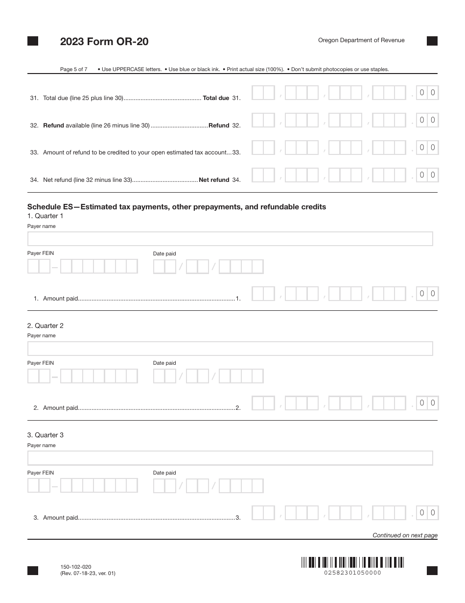 Form OR-20 (150-102-020) Oregon Corporation Excise Tax Return - Oregon, Page 5