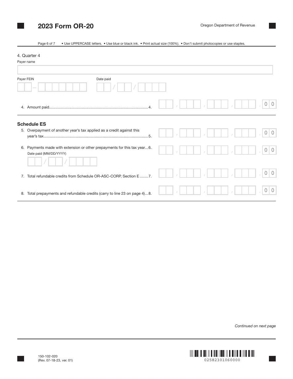 Form OR-20 (150-102-020) Oregon Corporation Excise Tax Return - Oregon, Page 6