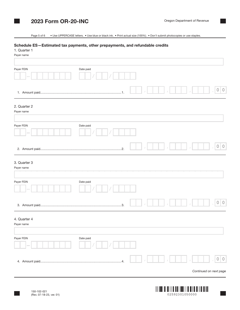 Form 150-102-021 Schedule OR-20-INC Oregon Corporation Income Tax Return - Oregon, Page 5