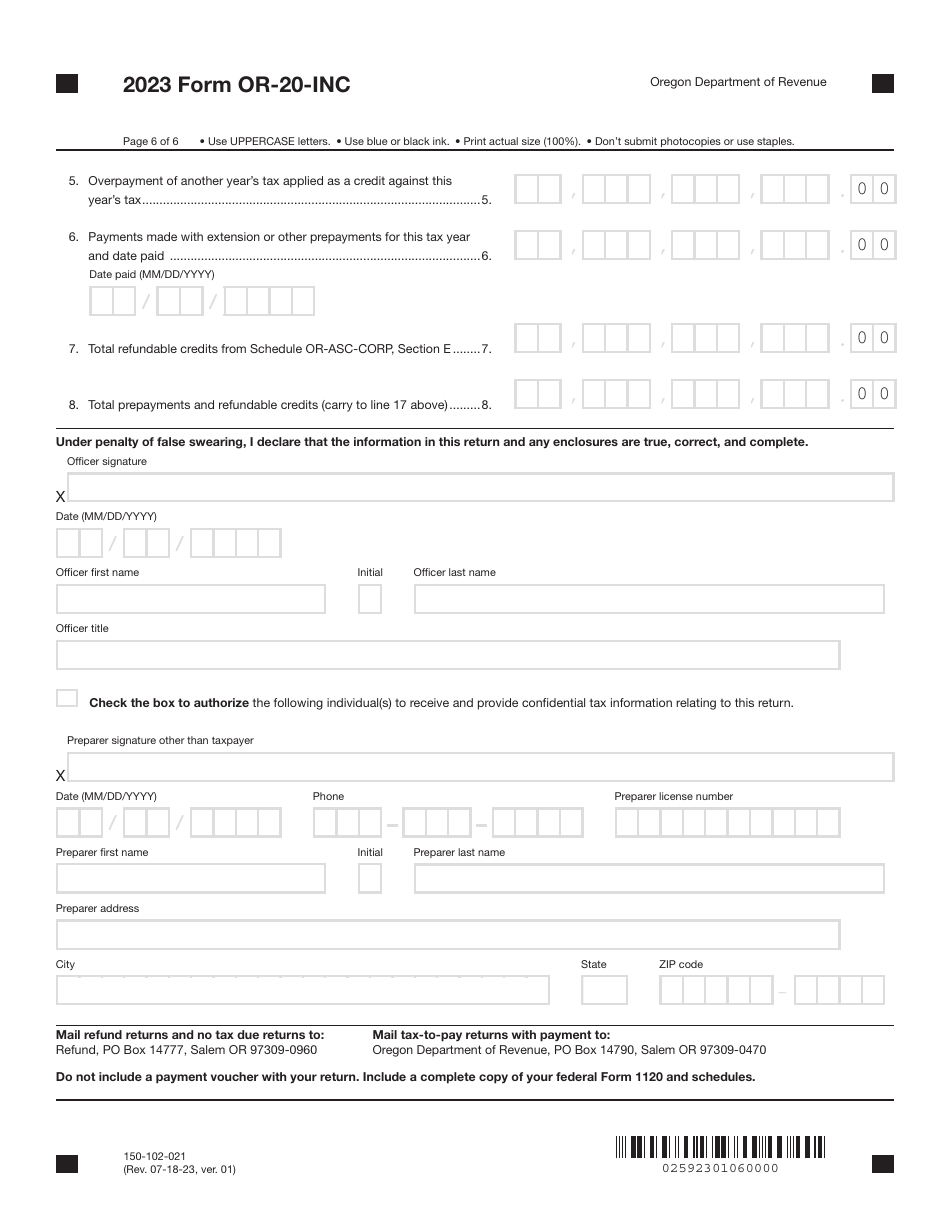 Form 150-102-021 Schedule OR-20-INC - 2023 - Fill Out, Sign Online and ...