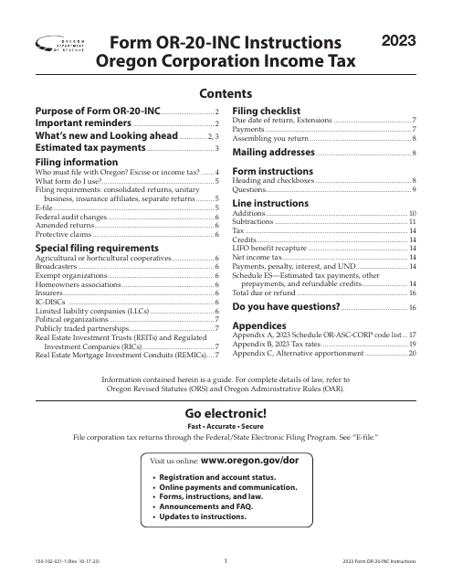 Instructions for Form OR-20-INC, 150-102-021 Oregon Corporation Income Tax Return - Oregon, 2023