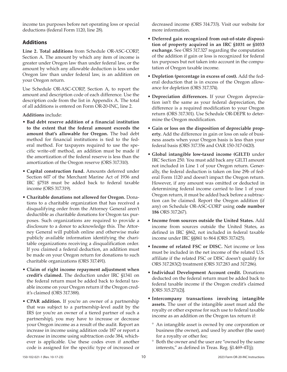 Instructions for Form OR-20-INC, 150-102-021 Oregon Corporation Income Tax Return - Oregon, Page 10
