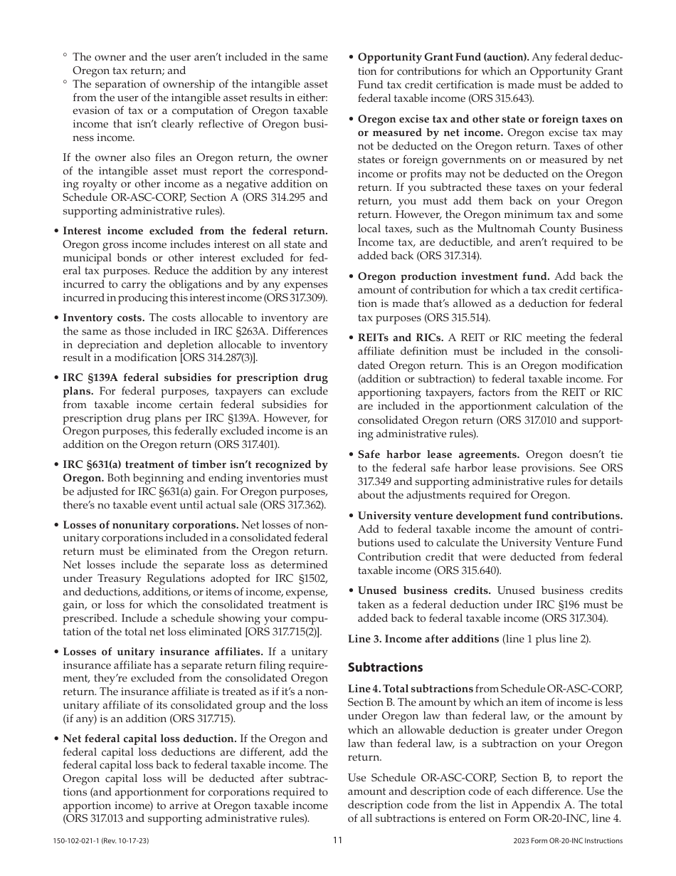 Instructions for Form OR-20-INC, 150-102-021 Oregon Corporation Income Tax Return - Oregon, Page 11