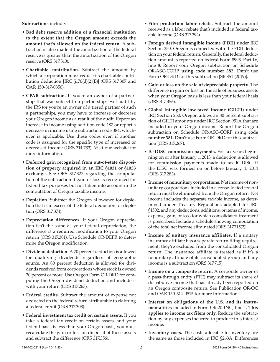 Instructions for Form OR-20-INC, 150-102-021 Oregon Corporation Income Tax Return - Oregon, Page 12