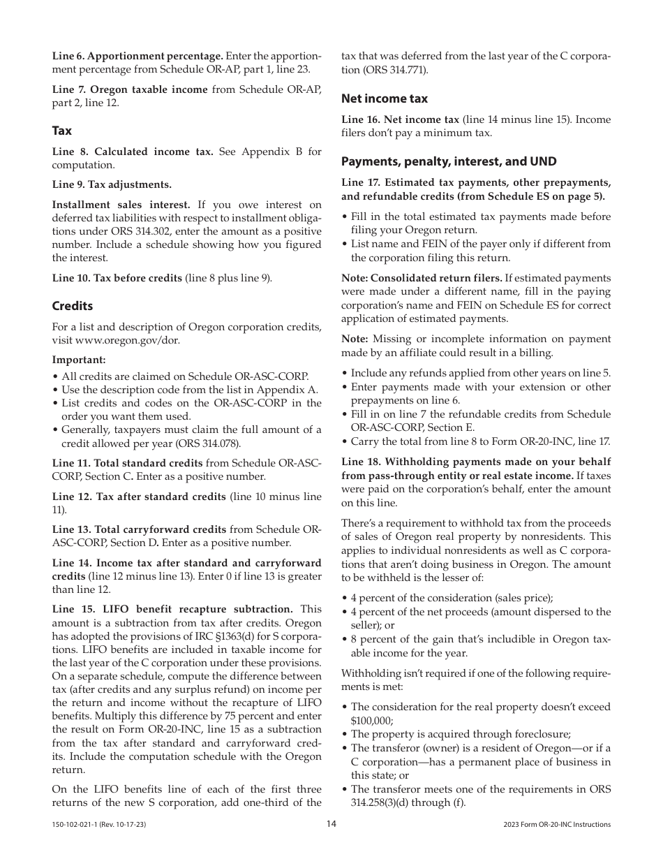 Instructions for Form OR-20-INC, 150-102-021 Oregon Corporation Income Tax Return - Oregon, Page 14