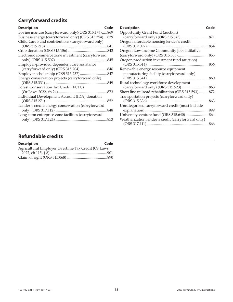 Instructions for Form OR-20-INC, 150-102-021 Oregon Corporation Income Tax Return - Oregon, Page 18