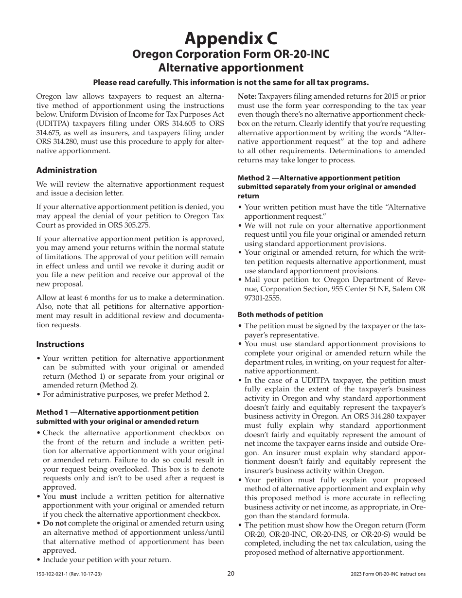 Instructions for Form OR-20-INC, 150-102-021 Oregon Corporation Income Tax Return - Oregon, Page 20