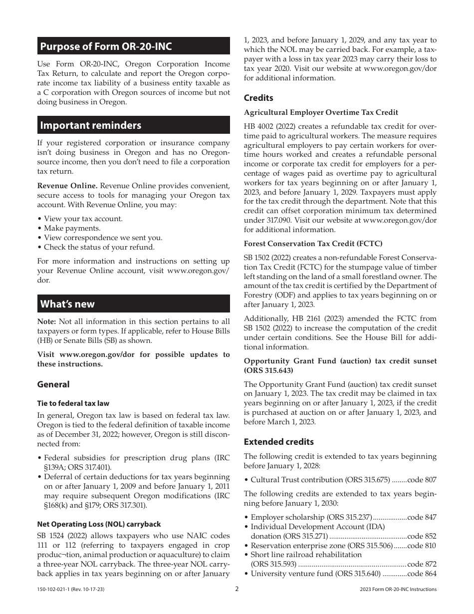 Instructions for Form OR-20-INC, 150-102-021 Oregon Corporation Income Tax Return - Oregon, Page 2