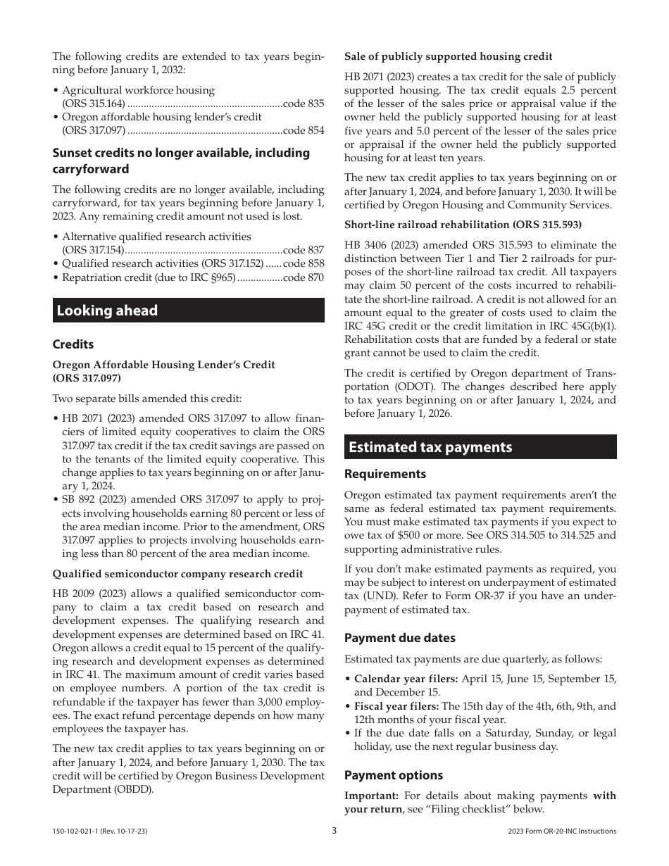 Instructions for Form OR-20-INC, 150-102-021 Oregon Corporation Income Tax Return - Oregon, Page 3
