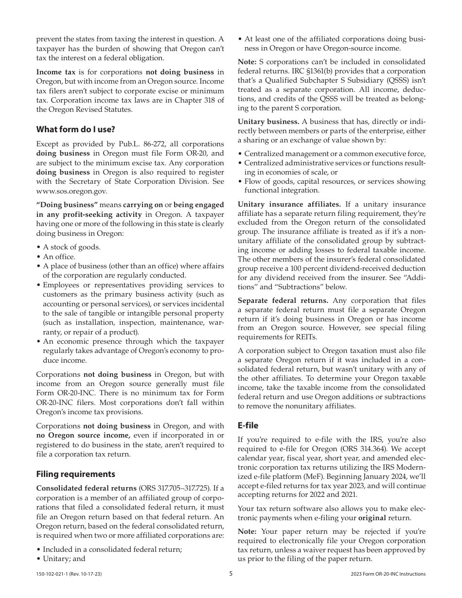 Instructions for Form OR-20-INC, 150-102-021 Oregon Corporation Income Tax Return - Oregon, Page 5