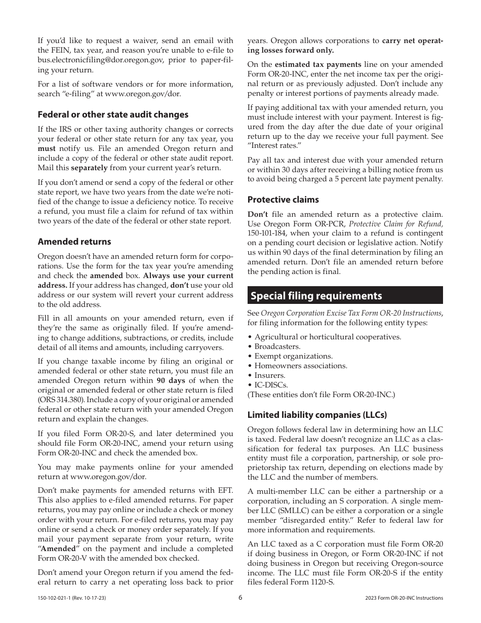 Instructions for Form OR-20-INC, 150-102-021 Oregon Corporation Income Tax Return - Oregon, Page 6